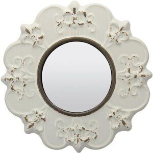 Round Off White Ceramic Accent Wall Mirror with Attached Hanging Loop